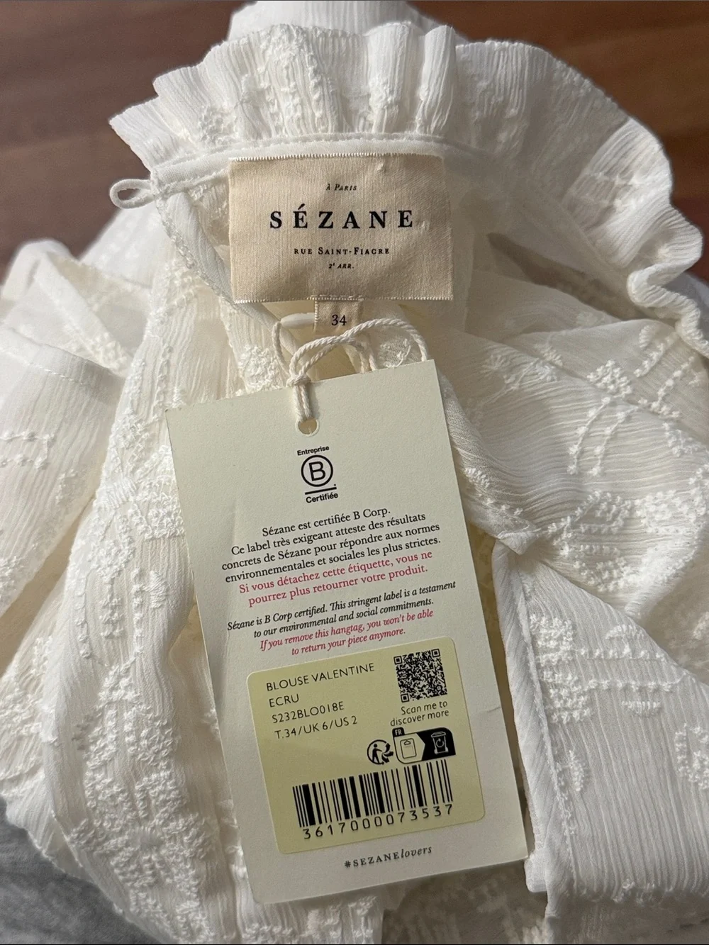 Sézane Size US 2 / FR 34 Valentine Blouse In Ecru NWT Embroidered Quiet Luxury